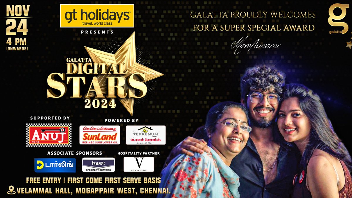 galattadotcom's tweet photo. Gear up to make some noise for the ultimate #Momfluencer trio at the Galatta Digital Stars 2024 😍✨️
🗓️ Date: 24.11.24
📍 Location: Velammal Hall, Mogappair West, Chennai
⏰ Time:04.00 PM(Onwards)
📞For Registration: 73055 16665
#Anujtiles #SunlandKitchen @terrenumoffical @DarlingRetail @SheenlacPaints #Velammalnexusgroup #GalattaDigitalStars2024