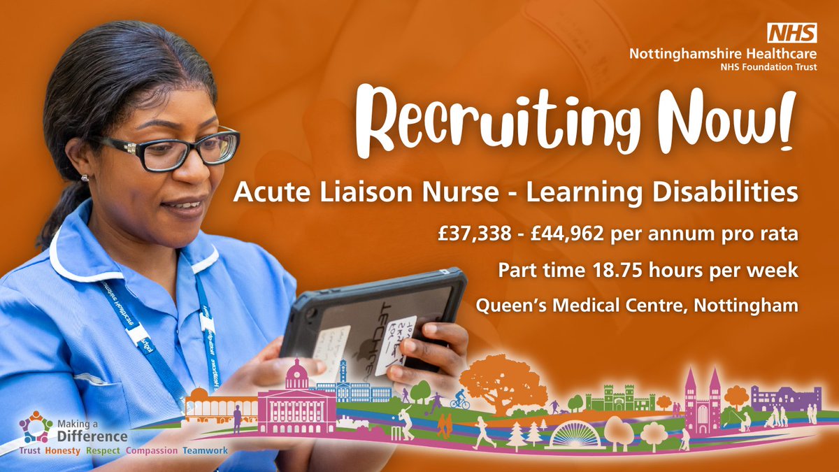 Nottinghamshire Healthcare (@nottshealthcare) on Twitter photo We're recruiting an Acute Liaison Nurse - Learning Disabilities to work within <a href="/nottmhospitals/">Nottingham University Hospitals</a>. The post holder will provide an assessment and advisory service to all involved with supporting patients with intellectual and developmental disabilities.
orlo.uk/KIE1Y We're recruiting an Acute Liaison Nurse - Learning Disabilities to work within <a href="/nottmhospitals/">Nottingham University Hospitals</a>. The post holder will provide an assessment and advisory service to all involved with supporting patients with intellectual and developmental disabilities.
orlo.uk/KIE1Y