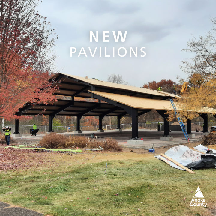 📣 Construction of the new pavilions is almost complete! Roofing options are being ordered for installation in the spring/early summer of 2025. We're excited for great outdoor gatherings to return to Bunker Hills. 🎉 #anokacountyparks