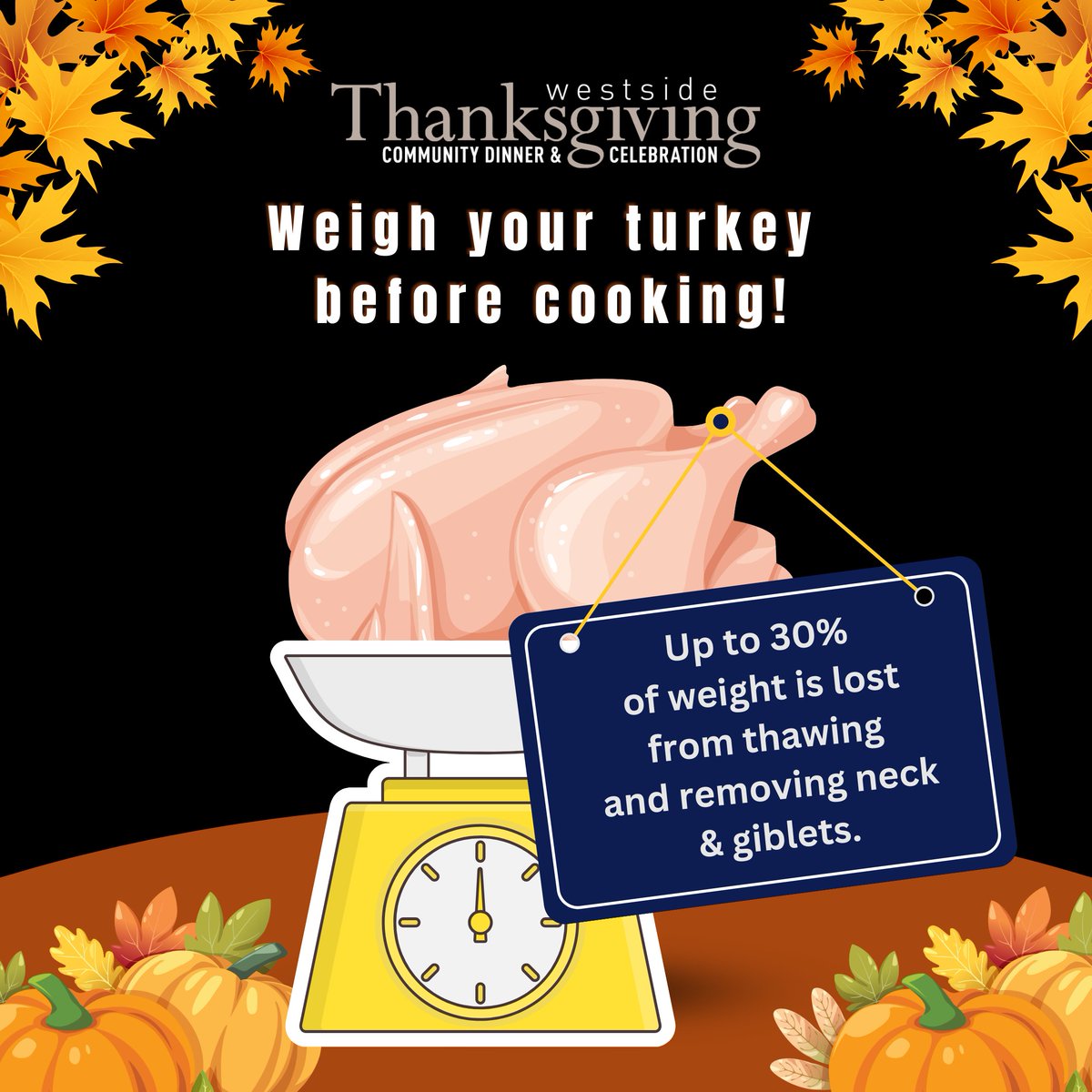 WestsideThanks's tweet photo. Last year we purchased a 17.79 lb frozen Turkey. After thawing, rinsing and taking out the neck and giblets, it weighed only 12.46 lbs! That’s over a five pound difference which affects your total cooking time. #cookingtime #Thanksgiving https://t.co/ytADVHzqmi