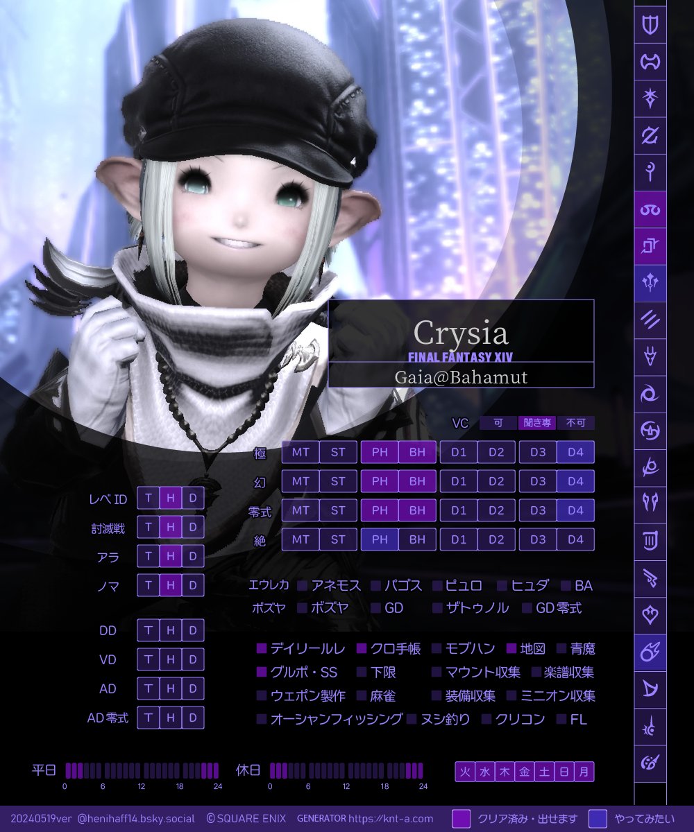 acrysi__'s tweet photo. #FF14戦闘キャラカ 
振り返り用　part2

極: 暁/ゼロムス  黄/ヴァリ,ゾラ,クイーン
幻: 暁/ナイツ、黄/白虎
零式: 暁/天獄編1-3,4前半  黄/アルカディアLH踏破(7.05内クリア)

メインジョブ: 占星
サブジョブ: 学者 (零式後半レベルはやや怪しい) https://t.co/rLPrYLe49A
