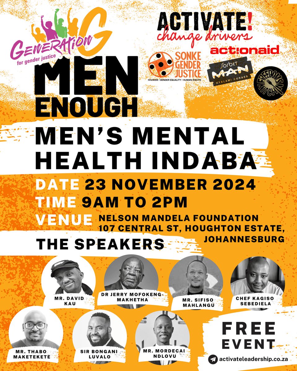 theeMzwandile's tweet photo. Mental health is not for sissies, chommie. It’s for everyone. RSVP for the Men’s Mental Health Imbizo: 🔗 https://t.co/6xpjSwjtsG
#MenEnoughGenG #GenerationGenderRSA
#MenEnoughGenG https://t.co/bgMyXe8AuG