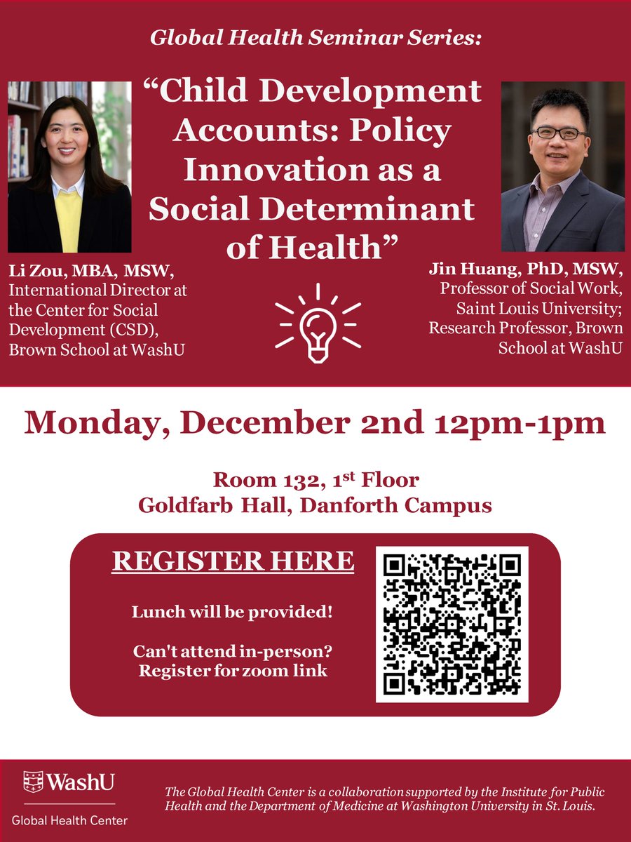 csdwustl's tweet image. Can policy innovation be a social determinant of health? International Director Li Zou &amp;amp; Research Director Jin Huang (#SLU, #WashU) draw on #ChildDevelopmentAccount research to make the case at Global Health Center&apos;s hybrid event. More: publichealth.wustl.edu/calendar_event…

#SDOH #BrownSchool