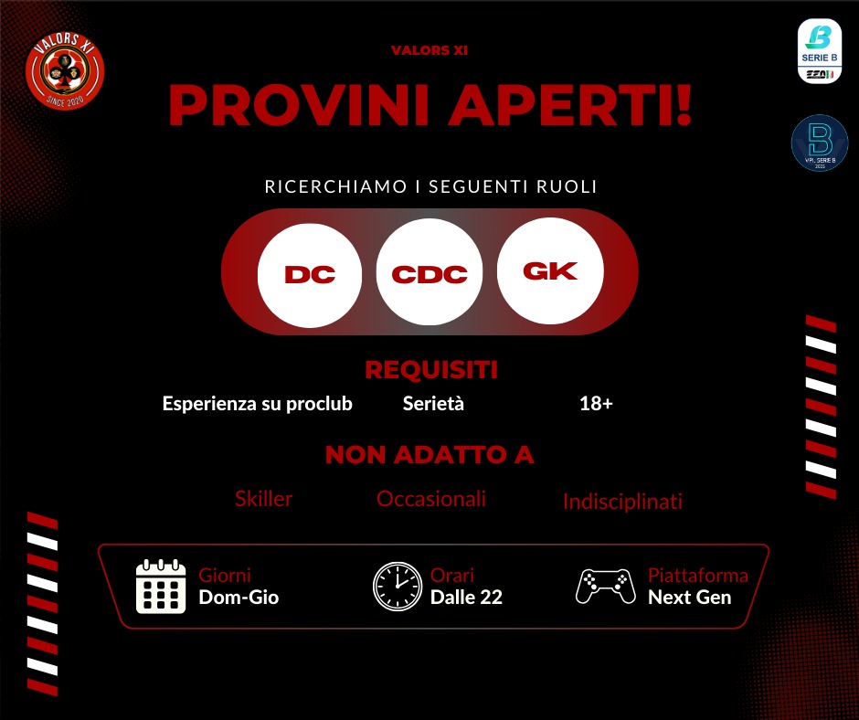 DomenicoPerugi1's tweet photo. PROVINI APERTI Da Domenica a Giovedi sera Dalle 22.30 in poi  Se sei interessato scrivici in dm o sul nostro gruppo Whatsapp per fissare un provino:
@RTProClubs @RTproclub @rtproclubitaly @RTProClubsITA @ProClubRTutto @RTAllProClub @Retweet_Proclub @vGamesRT @Mercato_FVPA https://t.co/NMNPQ5Z4Jg