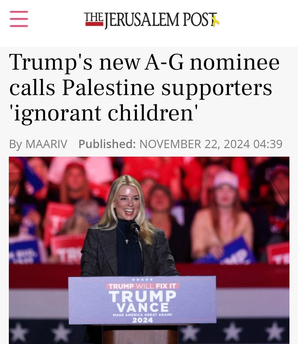Trump's new AG is out here calling Palestine supporters "ignorant children." No, what's ignorant is supporting a genocide.