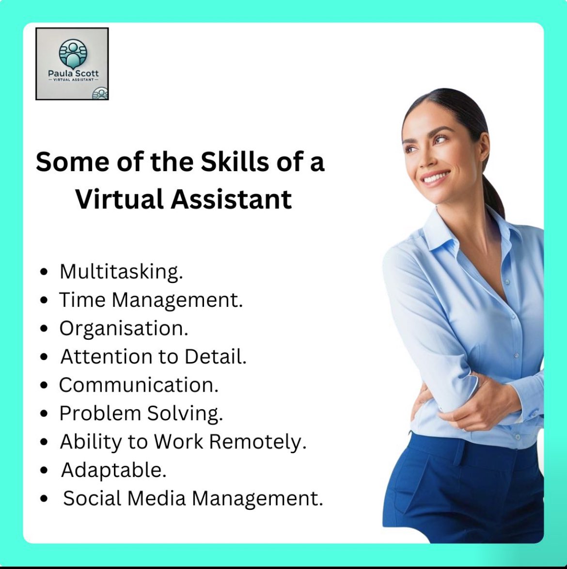 Thinking about hiring a Virtual Assistant? Here are some of the key skills that make a Virtual Assistant successful.

Please contact: paulascottva@outlook.com