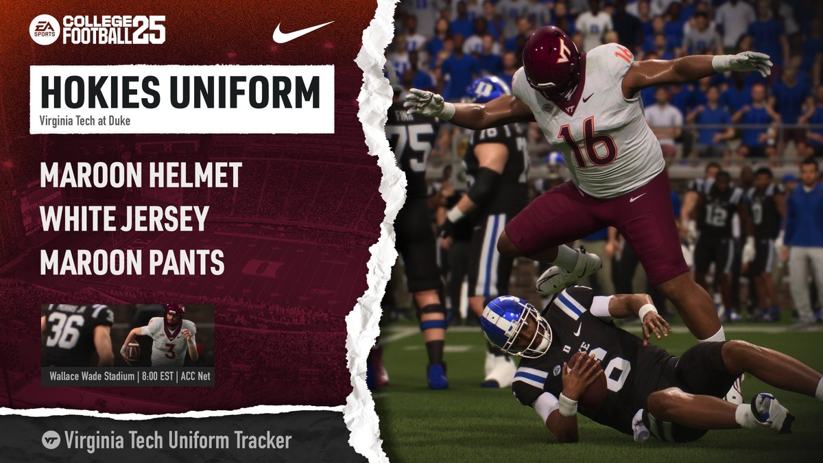 Virginia Tech goes with the Maroon-White-Maroon uniform combo tonight at Duke. The #Hokies are 0-1 on the season with this look.

This marks the EIGHTH time Tech is wearing MWM at Duke since joining the ACC, with a record of 7-1 in the combo.