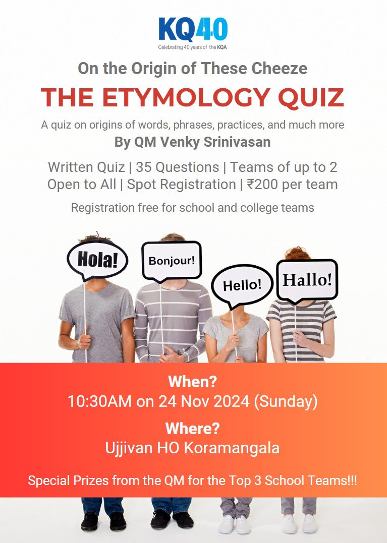Am hosting a quiz this Sunday for <a href="/kqaquizzes/">KQA</a> at the HQ of <a href="/UjjivanUniverse/">Ujjivan Universe</a> in Koramangala. The quiz is on Origins of words, phrases, practice, names, nicknames and much more. Teams of two or solo. Come by, it’s easy and fun! Spot registrations. Special prizes for school teams!