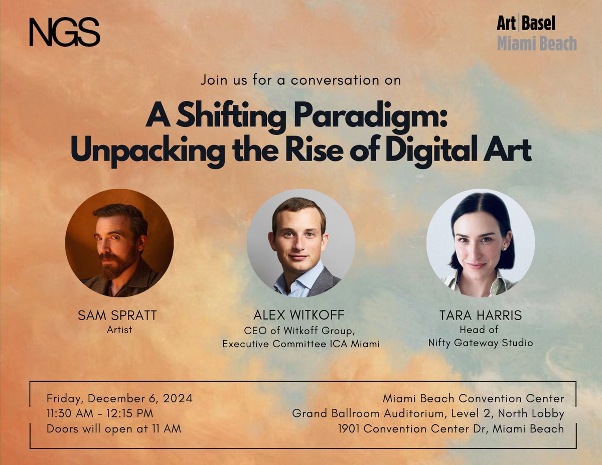 NGS is headed to <a href="/ArtBasel/">Art Basel</a>.
Join artist <a href="/SamSpratt/">Sam Spratt</a>, ICA Miami board member <a href="/Alex_Witkoff/">Alex Witkoff</a> and Head of NGS <a href="/tarasharris/">Tara Harris</a>, as they discuss  "A Shifting Paradigm: Unpacking the Rise of Digital Art" at Art Basel Miami Beach.

RSVP to join the conversation: bit.ly/unpackingtheri…