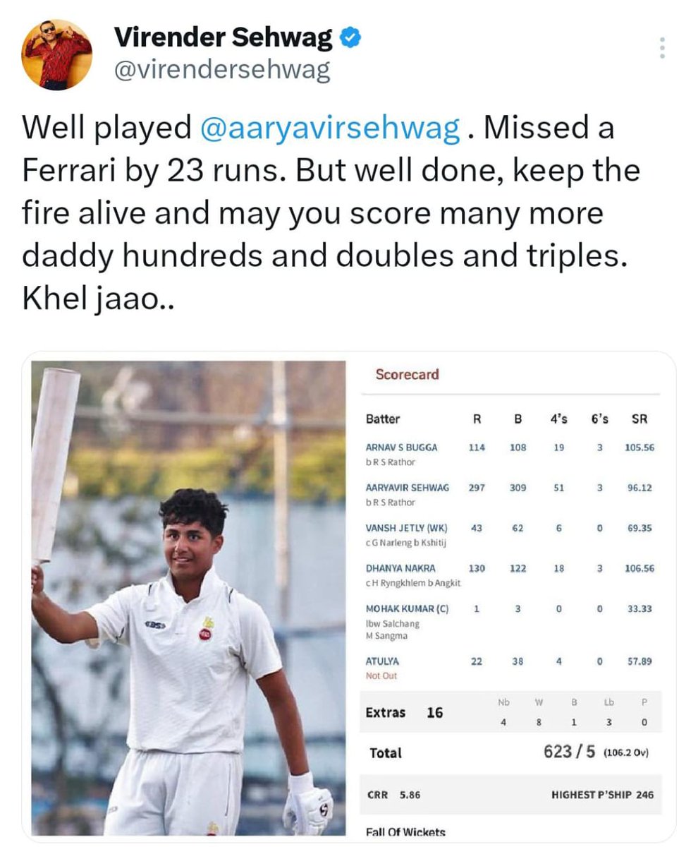Azar_iqbal1845's tweet photo. Sehwag praising his son on brilliant double century 
#KLRahul 
#cheating
#NOTOUT
#RichardIllingworth 
#kohli
#Duck
#Gambhir
#chokli
#Nitishreddy
#Marknicholas
#sarfraz https://t.co/XbK0N6CWm6