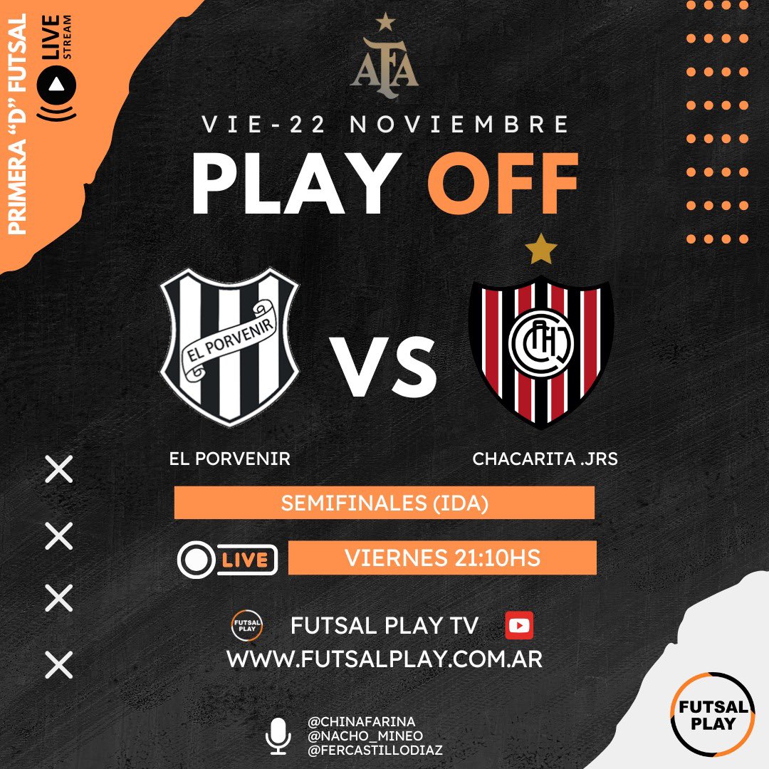 FutsalPlayTv's tweet photo. ¡Transmisión en vivo!

⚽️ El Porvenir - Chacarita Jrs. 

🗓️ Viernes 22/11
⌚️ 21.10

🛣️ Semifinal (ida)
🏆 Play off - AFA

📲 https://t.co/IBLlE6L9zV https://t.co/veUJbeHpqK