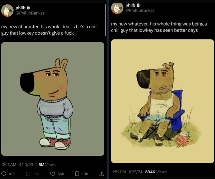 thesaintkong's tweet photo. gm @ImCryptoMessiah  we have the beta to #chillguy with $wasted guy. An original character created by same artist a year later and tweeted twice on September 19th and 20th. Fresh cto. The mascot all degens needed suring no sleep season ;) 💀📷8N9YTPGfAeEXLyTfh5igGpPHXdZbceeuvkFiFmrCpump