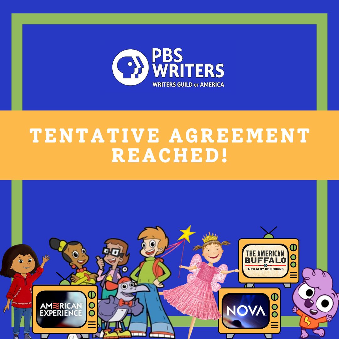 WGA members at PBS have reached a tentative agreement with management that breaks new ground with union protections for animation writers, paid parental leave, AI protections and much more! #UnionStrong ✊ 

Read more via wgaeast.org/pbs-writers-re…