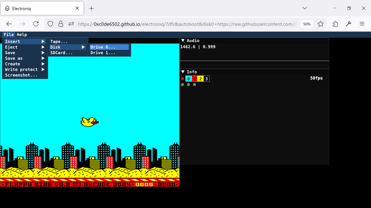 Try Electroniq, my online Acorn Electron emulator (work in progress!). Please start with the Readme and then fire up the emulator itself. Load any tape, disk or sdcard... enjoy! 

Readme: github.com/0xC0DE6502/ele…

Electroniq (default config): 0xc0de6502.github.io/electroniq/
