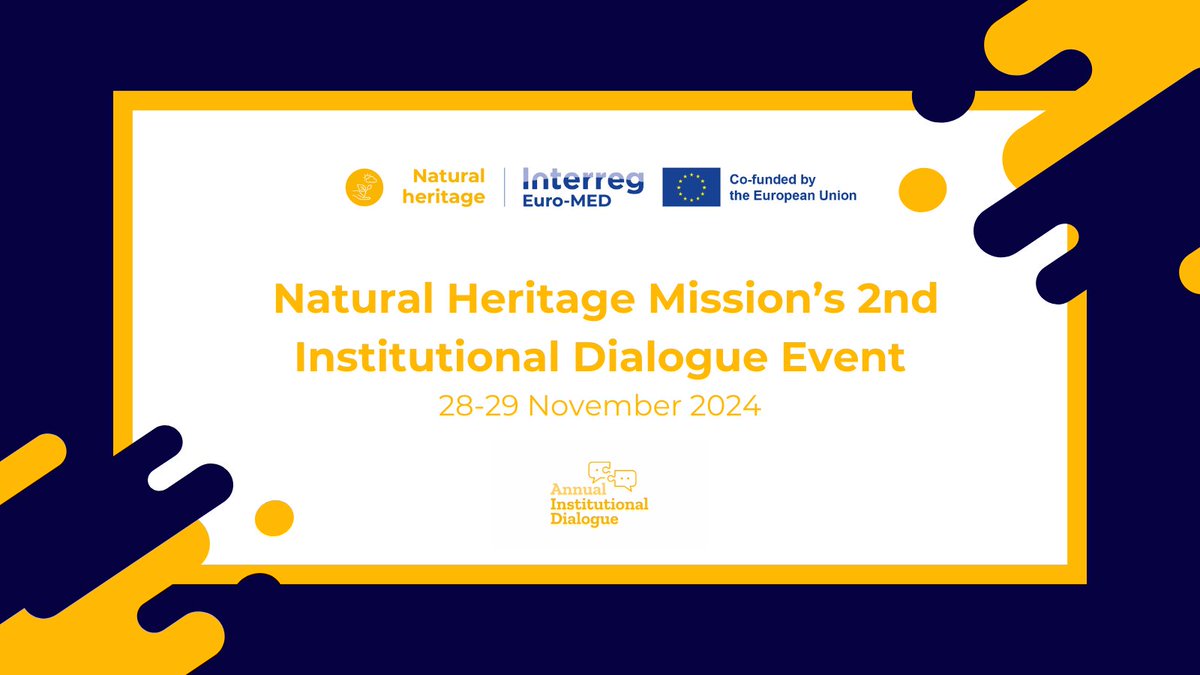 Interreg Euro-MED Natural Heritage Mission's 2nd Institutional Dialogue is happening:
28–29 Nov 2024
Day 1: Marine &amp; coastal restoration
Day 2: Keynote on science &amp; governance
Join us live in:
📺 bit.ly/3UZJJO4 | bit.ly/3Z4tmka
📄 Agenda: bit.ly/40W41eT