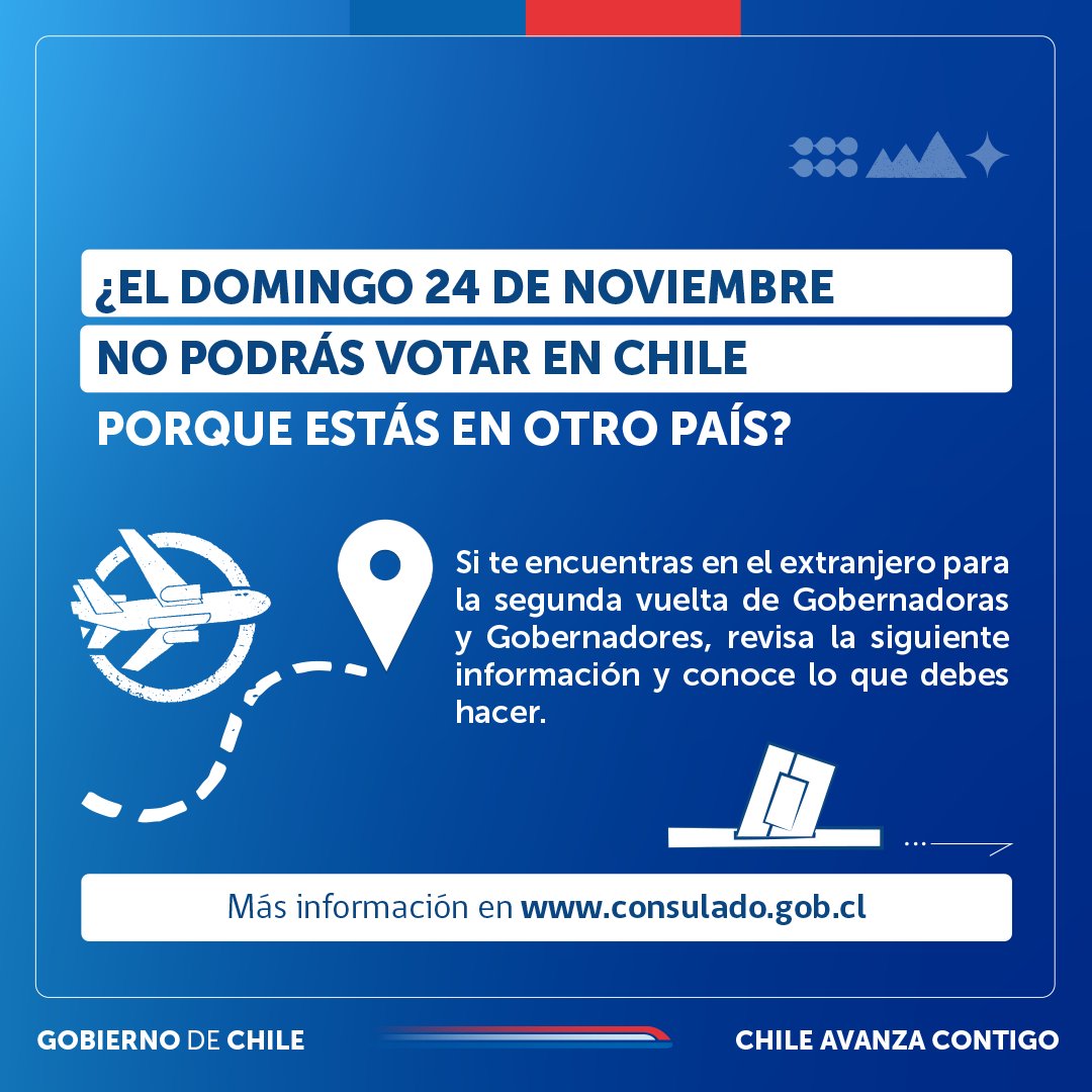 🔔 ¡Importante! 👉 Este 24 de noviembre será la segunda vuelta de Gobernadores Regionales, conoce lo que debes hacer si estás en otro país y tu domicilio electoral está en Chile
Más información aquí 👉bit.ly/3AWsTbZ