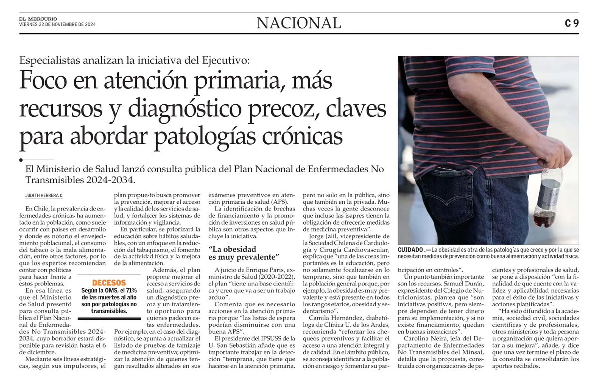 IPSUSS - Instituto de Políticas Públicas en Salud (@ipsusscl) on Twitter photo 📰 Foco en atención primaria, más recursos y diagnóstico precoz, claves para abordar patologías crónicas
Minsal lanzó consulta pública del Plan Nacional de Enfermedades No Transmisibles 2024-34
🎤 Enrique Paris, pdte del #IPSUSS de la <a href="/USanSebastian/">Universidad San Sebastián</a>, en nota de @ElMercurio_cl 📰 Foco en atención primaria, más recursos y diagnóstico precoz, claves para abordar patologías crónicas
Minsal lanzó consulta pública del Plan Nacional de Enfermedades No Transmisibles 2024-34
🎤 Enrique Paris, pdte del #IPSUSS de la <a href="/USanSebastian/">Universidad San Sebastián</a>, en nota de @ElMercurio_cl
