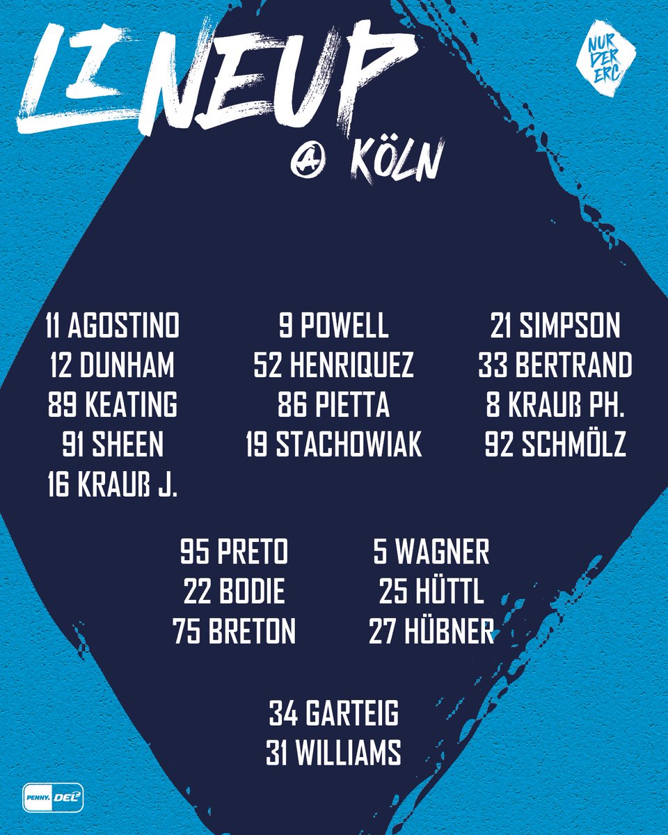 Unser Lineup für das Gastspiel bei den Haien, in 64 Minuten geht es los. 💙🤍