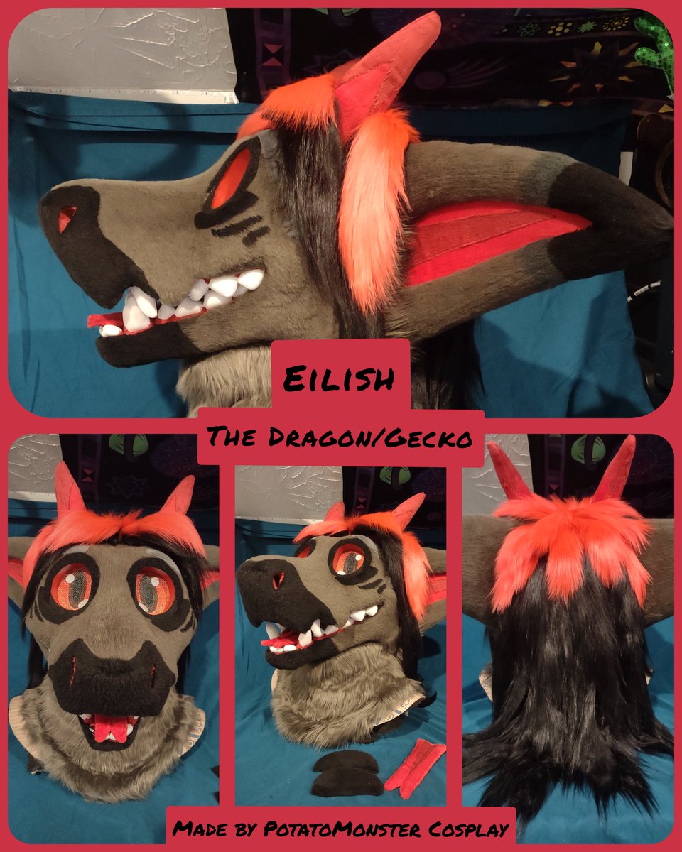 PMCsuits's tweet image. Just finished up these two!
Eilish features brushed out fur hair wefts that can be put into a pony tail with UV reactive red fur.
Rumchata features a large foam-core mohawk. Both have velcro eyelids and tongues. The headbase and eye blanks for Rumchata were made by Nukecreations!
