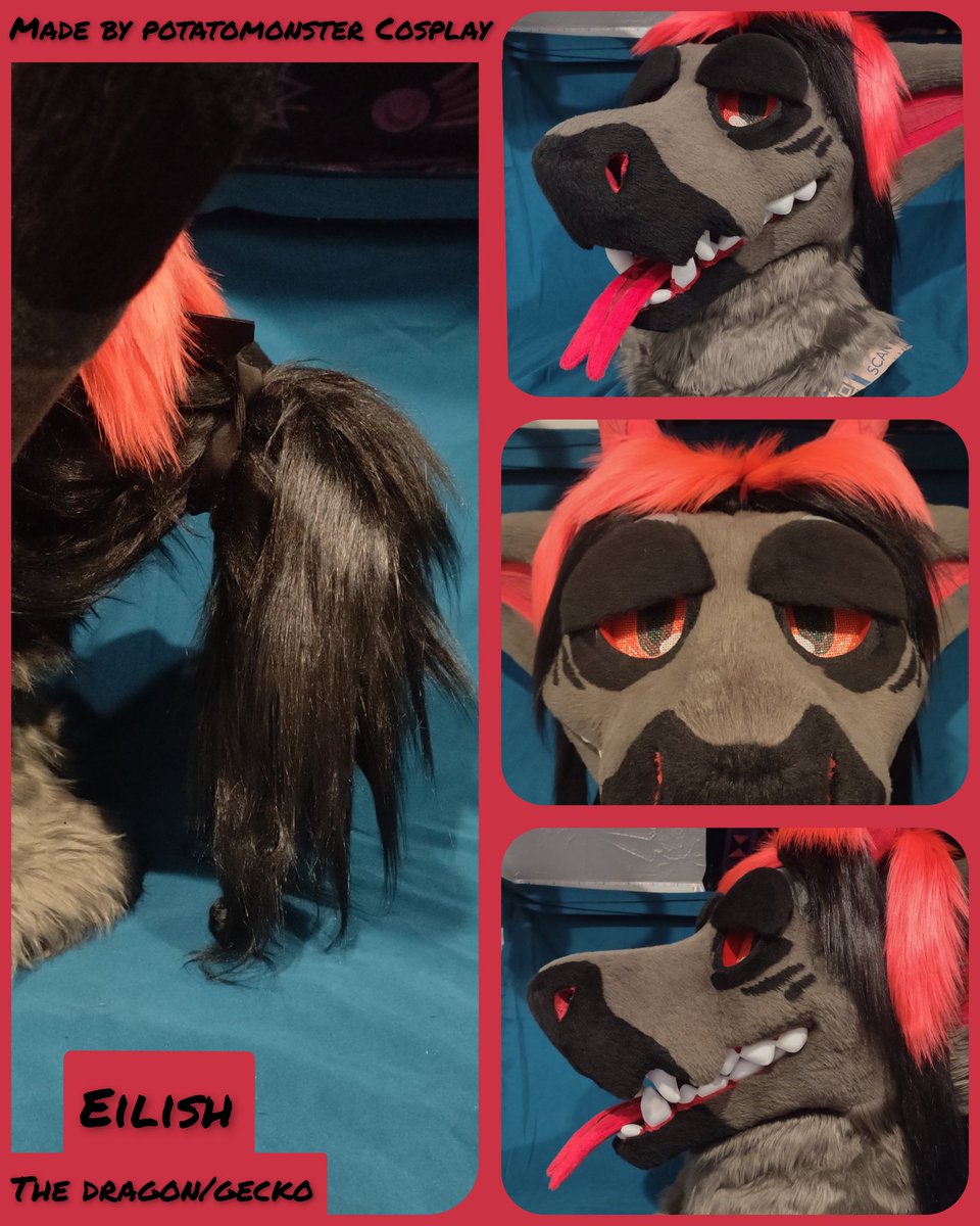 PMCsuits's tweet image. Just finished up these two!
Eilish features brushed out fur hair wefts that can be put into a pony tail with UV reactive red fur.
Rumchata features a large foam-core mohawk. Both have velcro eyelids and tongues. The headbase and eye blanks for Rumchata were made by Nukecreations!
