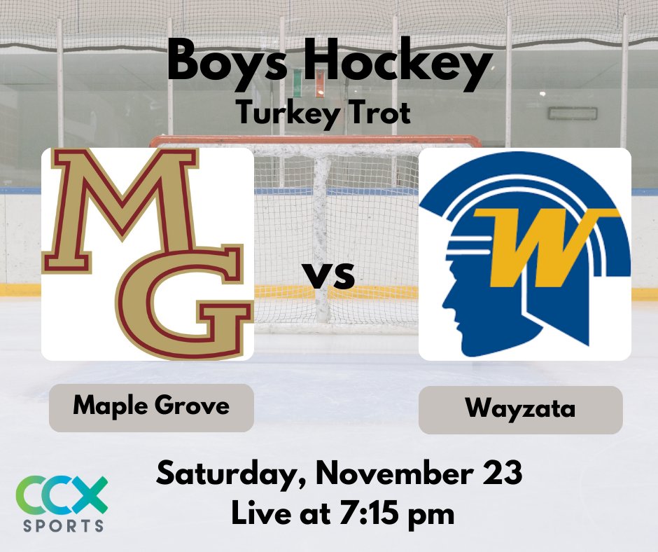Our final game of the Turkey Trot Tournament tonight is <a href="/MGCrimsonHockey/">MGCrimsonHockey</a> vs. <a href="/WHS_boyshockey/">Wayzata Boys Hockey</a> at 7:15 PM. 

Watch our free game coverage on CCX1 (Comcast 12sd/ 799hd). Games can also be streamed at online at ccxmedia.org/watch-live

The game will be placed on YouTube on Nov. 25.