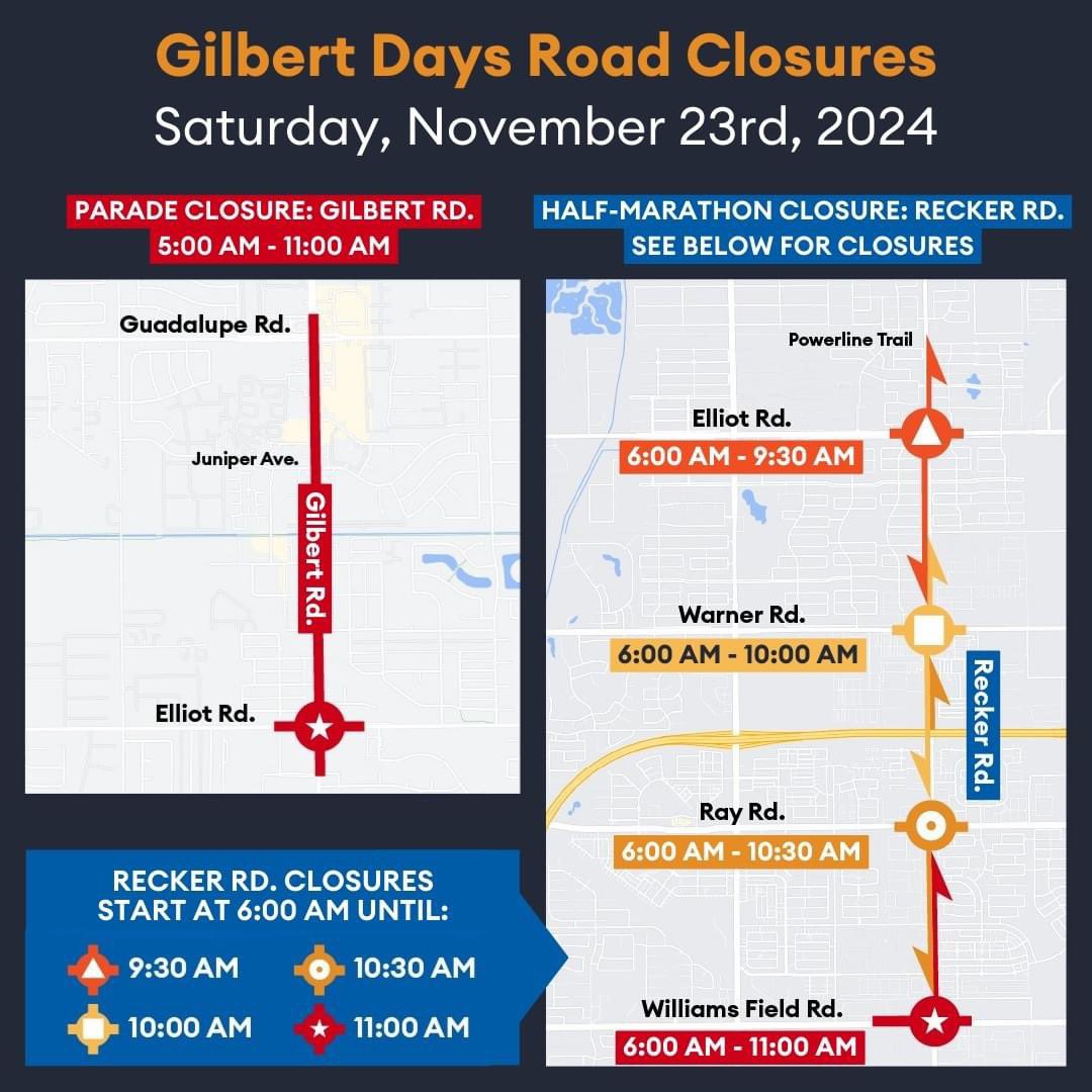GilbertAZMayor's tweet photo. ROAD CLOSURES TOMORROW MORNING 📣 🚨
Saturday, November 23rd
Plan ahead, Gilbert drivers! 🚗
Learn more about Gilbert Days. 👉 https://t.co/xOjWFFO3CT
#GilbertDays https://t.co/Y5Ao4w8qBZ