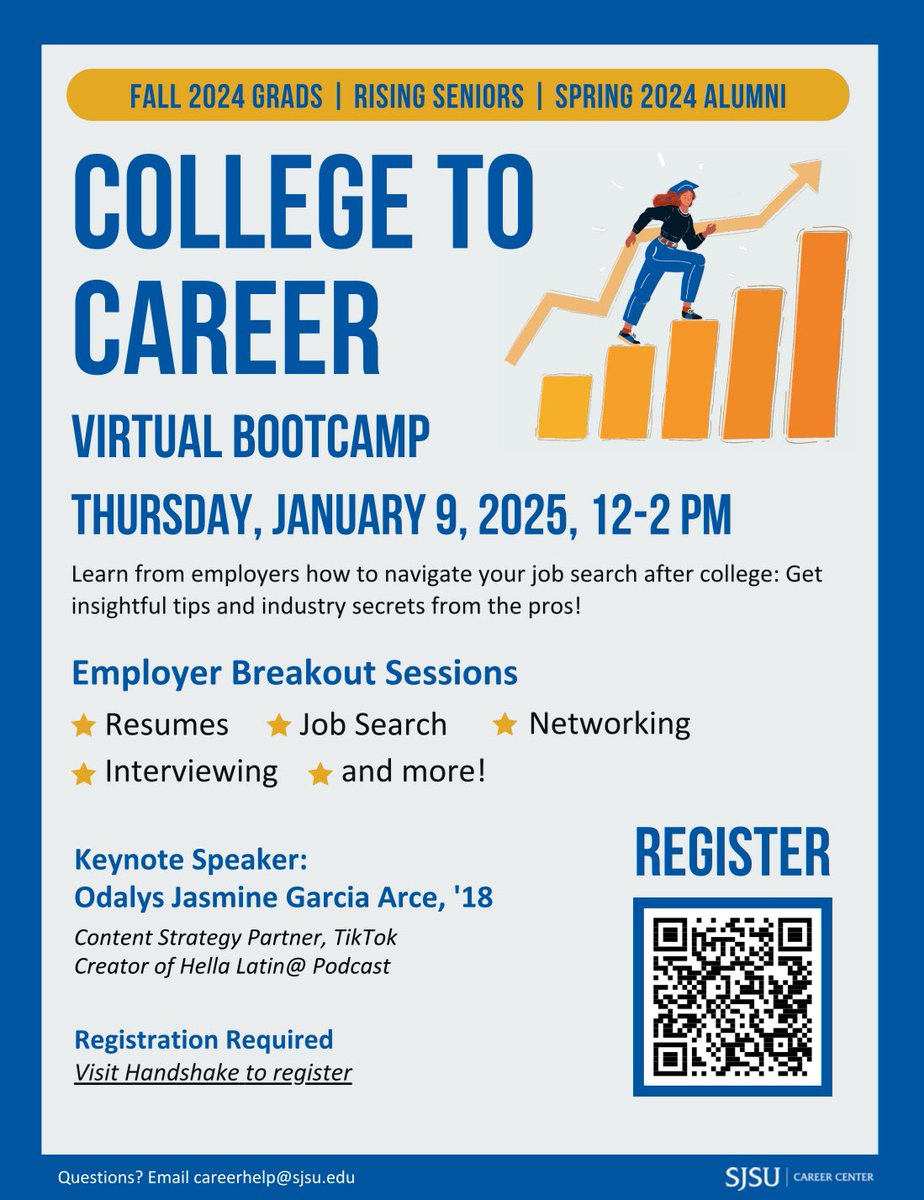 Are you looking for tips on how to land your first job after graduation? 
You are invited to join over 100 graduating students and recent alumni at the free College to Career Bootcamp on Thursday, January 9, 12:00-2:00pm (virtual event).