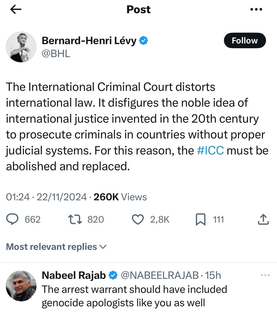 ⚖️🇮🇱 BHL claims to be a liberal internationalist but succumbs to what Hannah Arendt called “tribal nationalism”

“The nationalist not only does not disapprove of atrocities committed by his own side, but he has a remarkable capacity for not even hearing about them.”
George Orwell