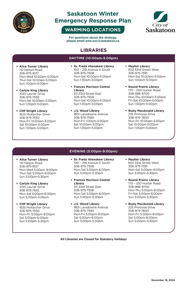 ⚠️The Saskatoon Winter Emergency Response Plan is activated at a Level I from Nov 1 - Mar 31. Help us share the warming poster across #yxe and keep an eye out for anyone who may need assistance.

For info about the Winter Emergency Response Plan, visit saskatoon.ca/cold.