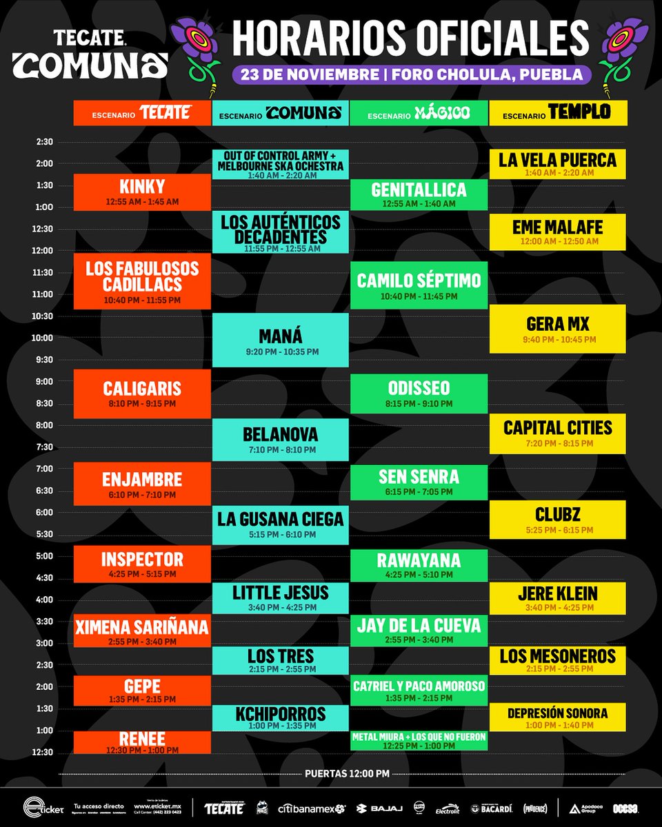 ¡Atención, Apasionados! 🔥🎶

Ya tenemos los horarios oficiales del #TecateComuna ⏰🎸 y no podemos con la emoción.🤩👉 Prepárense para vivir un día épico lleno de música y diversión.😎