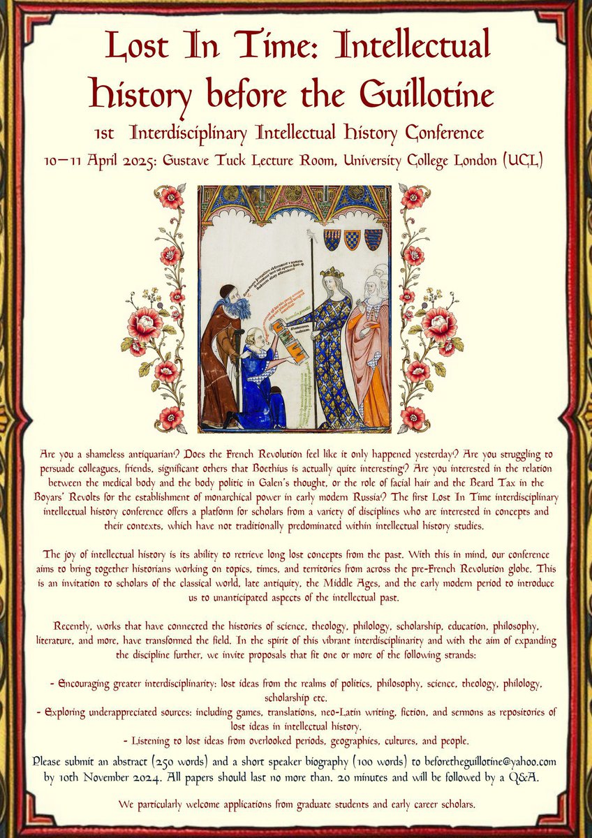 lostideasconf's tweet photo. Attention classicists, medievalists, and early modernists: applications for Lost in Time: Intellectual History before the Guillotine are due in 8 days (30th of November). If you study overlooked material or concepts, or even familiar ones in an unusual way, make sure to apply! https://t.co/3eA6zerQVP