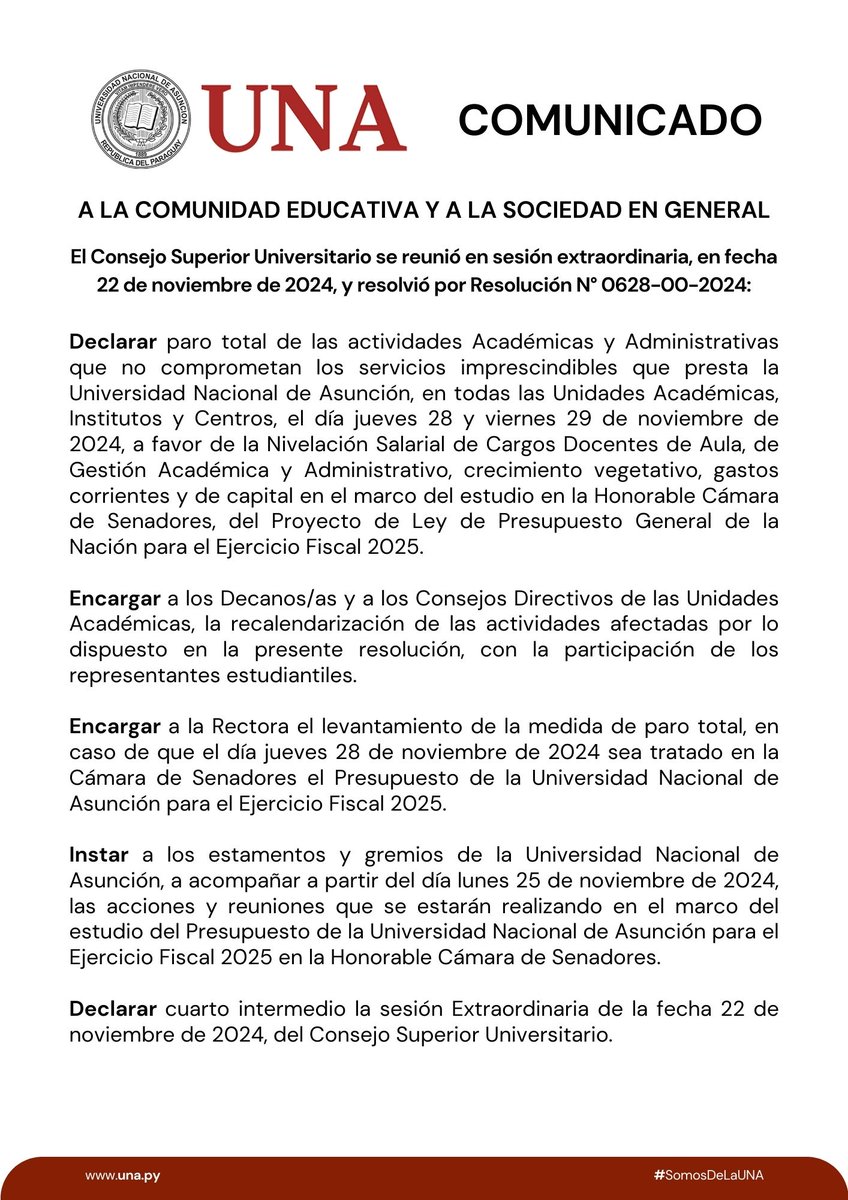 una_py's tweet photo. ⚠️ COMUNICADO
A LA COMUNIDAD EDUCATIVA Y A LA SOCIEDAD EN GENERAL
#SomosDeLaUNA #LaEducaciónEsLaMejorInversión #SíAlPresupuestoParaLaUNA https://t.co/ul9nJ4ytEr