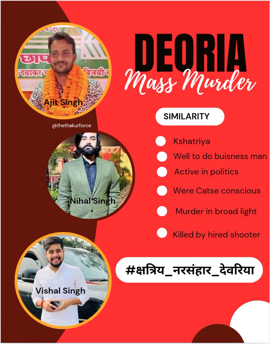 एक ही जिले में तीन क्षत्रिय युवाओं की हत्या 10 दिन में, वो भी एक ही जैसे तरीके से..

क्या ये क्षत्रिय युवाओं के खिलाफ कोई साज़िश है?

क्या यूपी का कानून-व्यवस्था पूरी तरह फेल हो चुका है?

<a href="/myogiadityanath/">Yogi Adityanath</a> जी और उनकी <a href="/Uppolice/">UP POLICE</a> कब अपनी ज़िम्मेदारी लेंगे?

#क्षत्रिय_नरसंहार_देवरिया