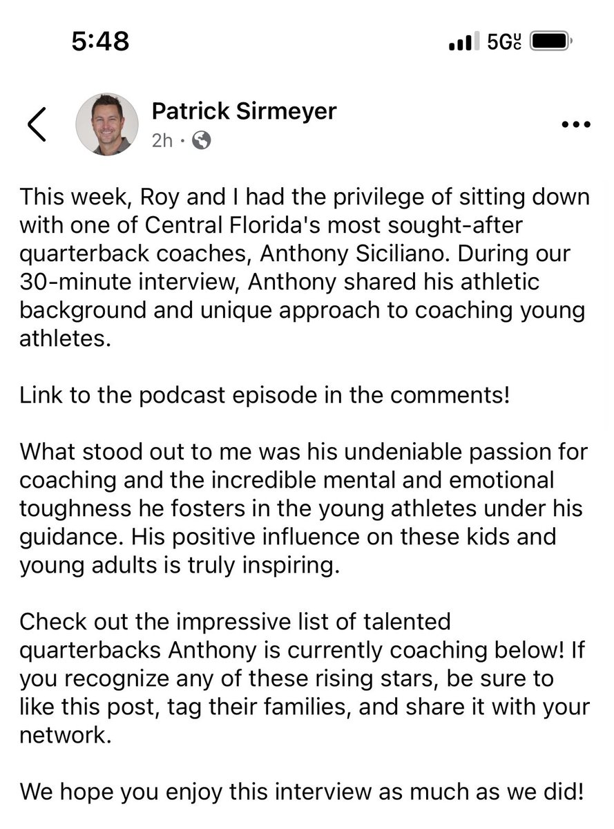 Everyone asks what’s your why? This is my why, helping QB’s reach their goals &amp; dreams. Grateful for the relationships I have built working with the top QB’s in the Central Florida. Thank you to Patrick Sirmeyer &amp; Roy Bova for having me on the podcast! 

podcasts.apple.com/us/podcast/why…