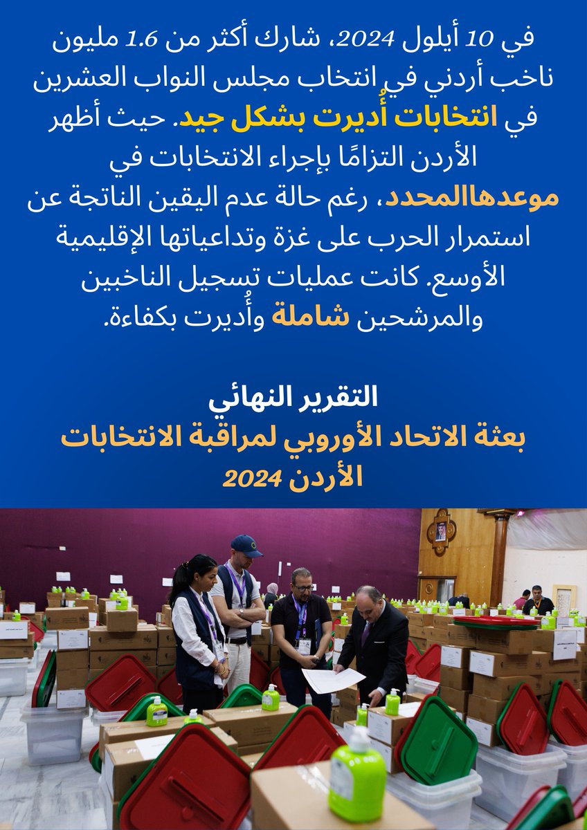EUeomJordan2024's tweet photo. يعرض التقرير النهائي لبعثة الاتحاد الأوروبي لمراقبة الانتخابات في الأردن 2024، والمكون من 85 صفحة، تقييمات البعثة والنتائج التي توصلت إليها بشأن العملية الانتخابية برمتها.

اقرأ التقرير هنا:
https://t.co/4kAjfjunON https://t.co/vIIAVXBZzj