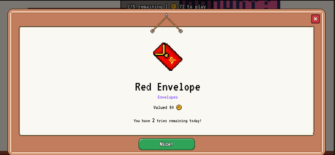 egcth96's tweet photo. For my 3rd spin, I got a Tier 1 Red Envelope ๐งง Playing Gacha machine in @CatTownBase using $KIBBLE Token.
#gacha #cattownbase #kibbletoken https://t.co/zCryenfl50