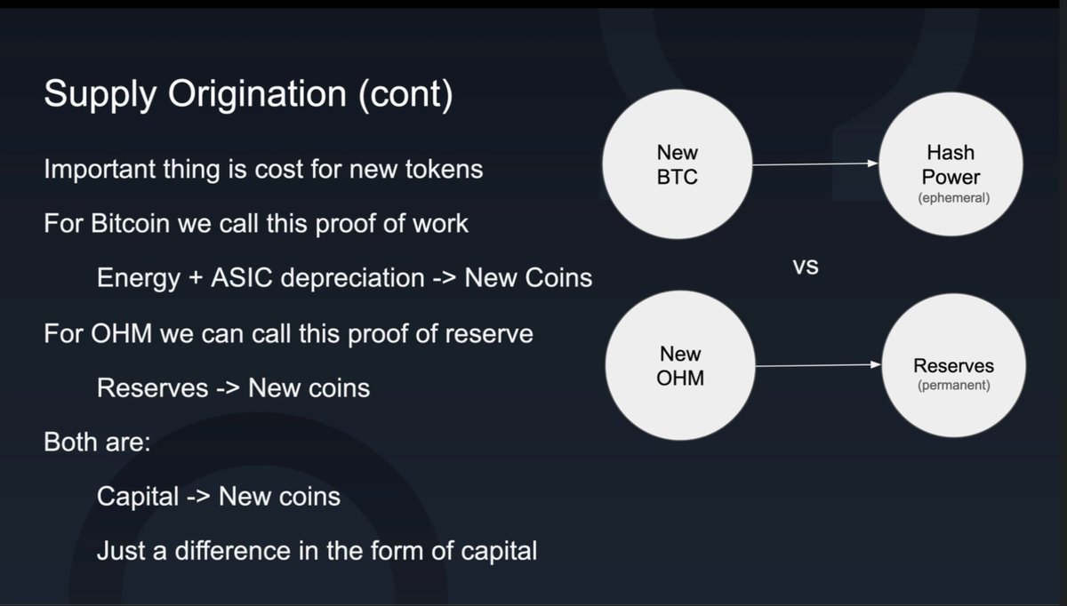 Jesseeckel's tweet photo. Just listened to the @OlympusDAO AMA with @ohmzeus.

Was insanely good. 

-Their goal is to build a better money than Bitcoin.

-The overview is BTC uses Proof Of Work where the value spent to receive new tokens is lost on electricity and hardware.

While OHM operates on Proof Of Reserve where the value spent to receive new tokens is captured by the protocol.

-The inflation they did with rebasing in 2021 has almost all been erased in the bear market.

-OHM is one of the only assets in crypto that is often times uncorrelated with BTC and has price patterns all it's own. 

-OHM has lots of other interesting tweaks on monetary policy such as RBS, Cooler loans, etc that overall represent a very well thought out and complex approach.

Remember for over a decade they also called Bitcoin a ponzi and said it would never go anywhere. Most that have tuned out don't realize that basically for the past 2 years OHM has been incredibly stable and up only. 

I think OHM is one of the most interesting and unique experiments in all of crypto. If you midcurve it and just say "it's a ponzi" then you're no different than those who said the same about BTC over the last decade.

It's worth understanding and taking a deeper look. You might be surprised at what you find.