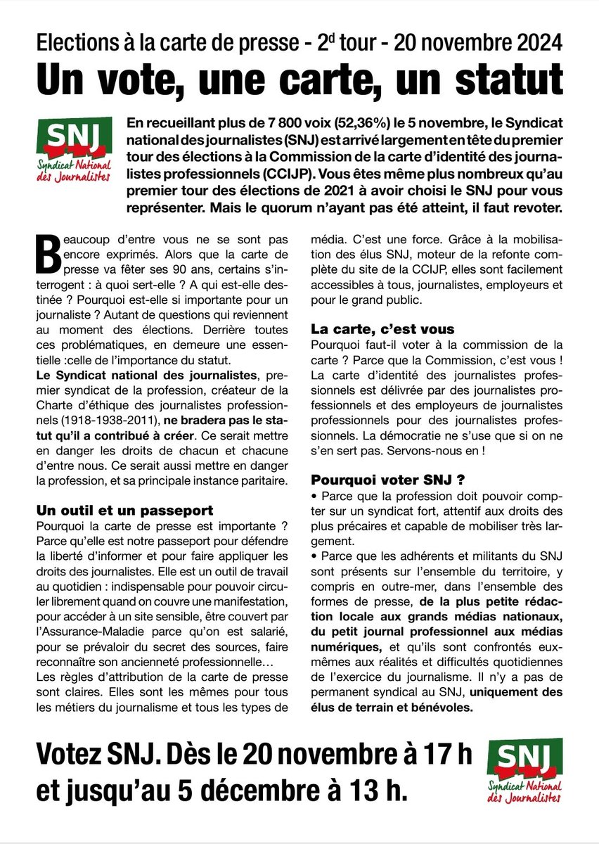 SNJ_national's tweet image. [ELECTIONS CARTE DE PRESSE] 
🗳 🪪 
JOURNALISTES, vous avez jusqu'au jeudi 5 décembre (13h) pour élire vos représentants 
⚠️ ⚠️ ⚠️ 
POUR VOTER ⬇️ 
e-votez.net/ccijp/ 

🖋💻🎙📸🗞 
POURQUOI VOTER SNJ ? 🤔 PARCE QUE... ⬇️
