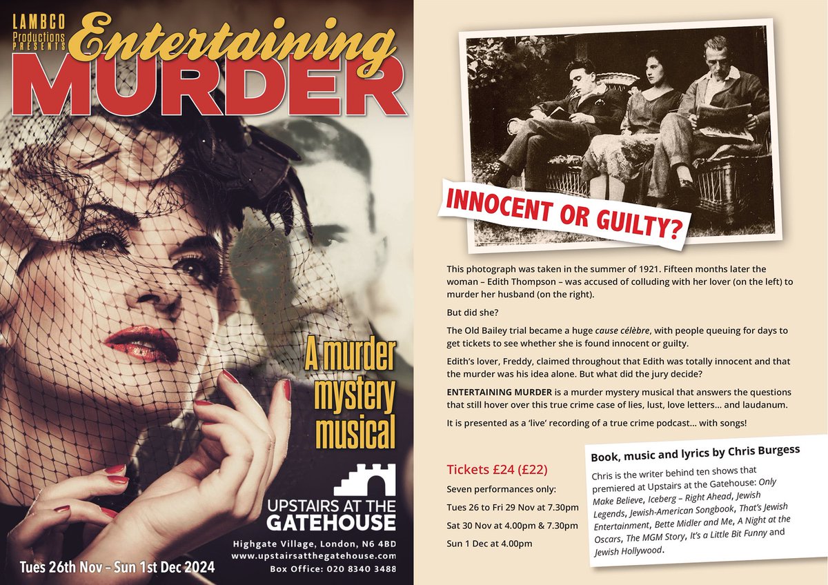 Fab dress run of ‘Entertaining Murder’, a new murder mystery musical by <a href="/ChrisBu25175677/">Chris Burgess</a>, based on true life events, with catchy songs &amp; a very talented company.

Don’t miss it!

🎭: Entertaining Murder
📍: <a href="/GatehouseLondon/">Upstairs At The Gatehouse</a> 
📆: 26 Nov - 1 Dec 2024
🎟️: bit.ly/entertainingmu…