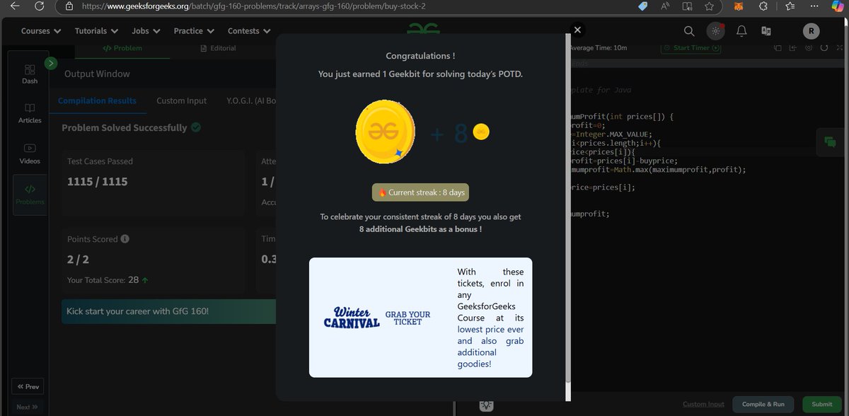 MridhaRuma8598's tweet image. Day 8:  &apos;Buy Low, Sell High&apos; with a single transaction! 📈💰 #GeeksforGeeks #CodingJourney #StockMarketLogic @geeksforgeeks #gfg160 #geekstreak2024