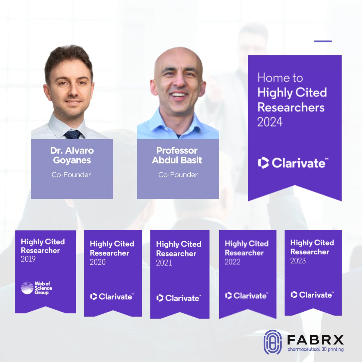 FABRX (@fabrx_3dp) on Twitter photo Congrats to our co-founders Prof. Alvaro Goyanes & Prof. Abdul Basit on being named #HighlyCited2024 Researchers by Clarivate for the 6th consecutive year! 🎉 Their exceptional contributions rank them among the top 1% of global researchers & experts in pharmaceutical 3D printing. Congrats to our co-founders Prof. Alvaro Goyanes & Prof. Abdul Basit on being named #HighlyCited2024 Researchers by Clarivate for the 6th consecutive year! 🎉 Their exceptional contributions rank them among the top 1% of global researchers & experts in pharmaceutical 3D printing.