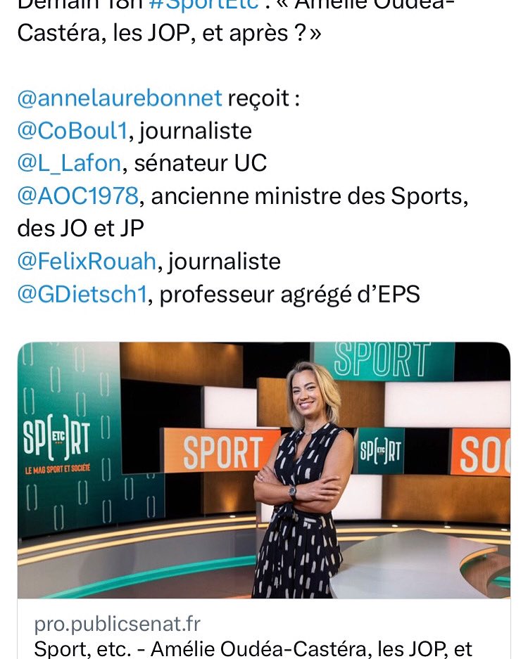 Guillaume Dietsch (@gdietsch1) on Twitter photo Près de trois mois après la fin des JOP, où en est le projet de loi « Héritage des Jeux » ?
📺Émission « Sport, etc. » à retrouver demain à 18h sur <a href="/publicsenat/">Public Sénat</a> avec <a href="/annelaurebonnet/">Anne-Laure Bonnet</a>
👉pro.publicsenat.fr/actualites/spo… Près de trois mois après la fin des JOP, où en est le projet de loi « Héritage des Jeux » ?
📺Émission « Sport, etc. » à retrouver demain à 18h sur <a href="/publicsenat/">Public Sénat</a> avec <a href="/annelaurebonnet/">Anne-Laure Bonnet</a>
👉pro.publicsenat.fr/actualites/spo…