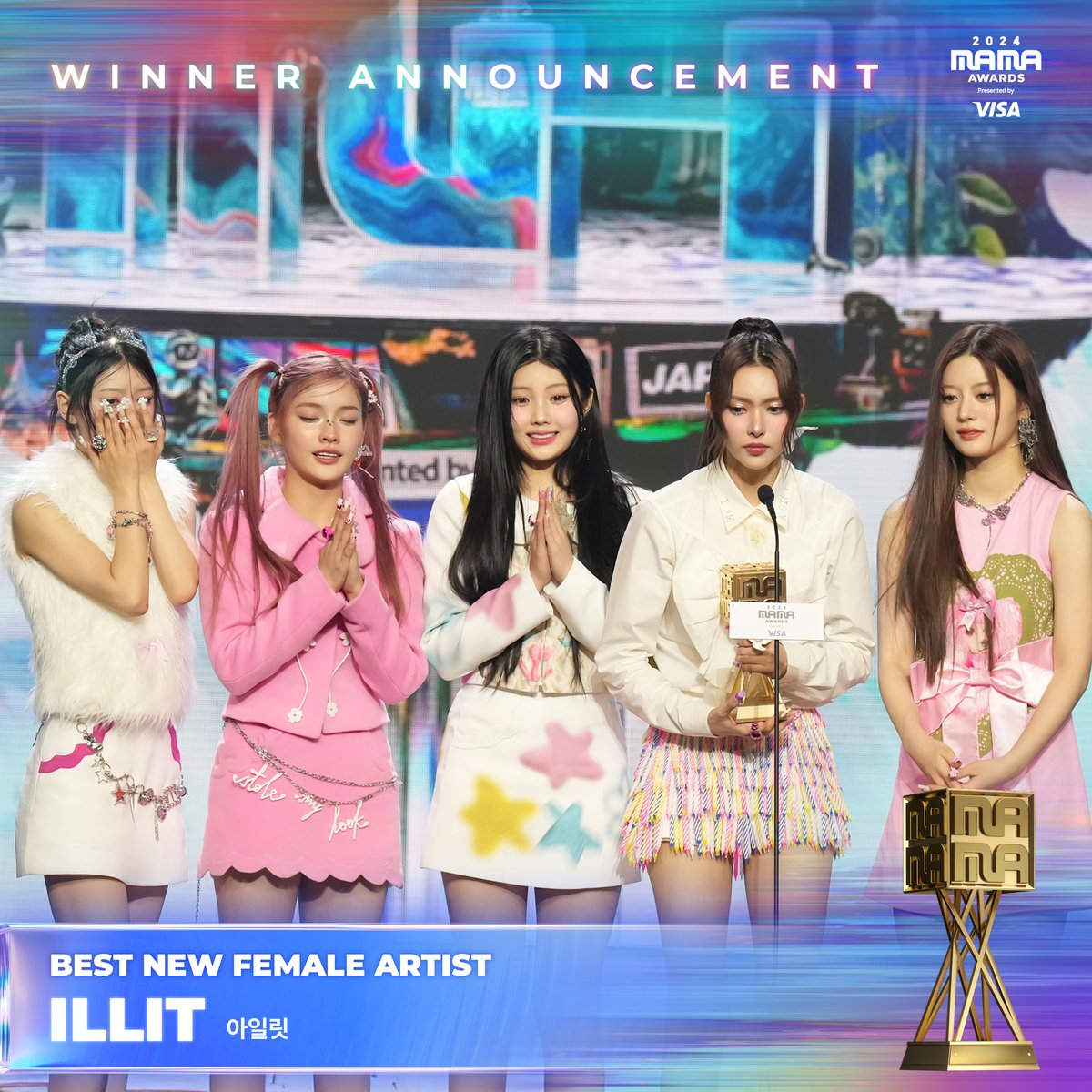MnetMAMA's tweet photo. [#2024MAMA] BEST NEW FEMALE ARTIST #illit #아일릿 @ILLIT_official

We proudly announce the great winner of the 2024 MAMA AWARDS!🏆

BIG BLUR : What is Real?
2024 MAMA AWARDS

#MAMAAWARDS
#2024MAMAAWARDS https://t.co/tx812IfG2r