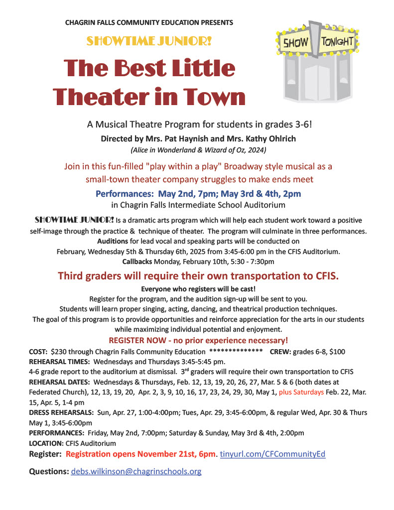 Showtime Jr registration is open!
Come join the production of "The Best Little Theater in Town". This fun-filled "play within a play" Broadway-style musical is about a small-town theater company struggling to make ends meet.
Cast: 3-6.  Crew: 6-8.
Register tinyurl.com/CFCEWinter2025