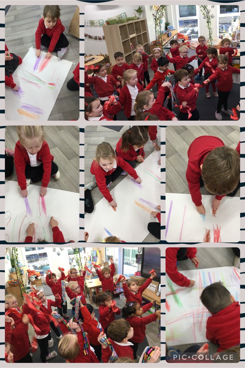 🌟Nursery🌟
Intent: Challenge 
This week, we have started our ‘Squiggle Whilst You Wiggle’ sessions. We danced along to the music, then transferred these movements to floor level and swapped our ‘flappers’ for wax crayons to make marks on paper.