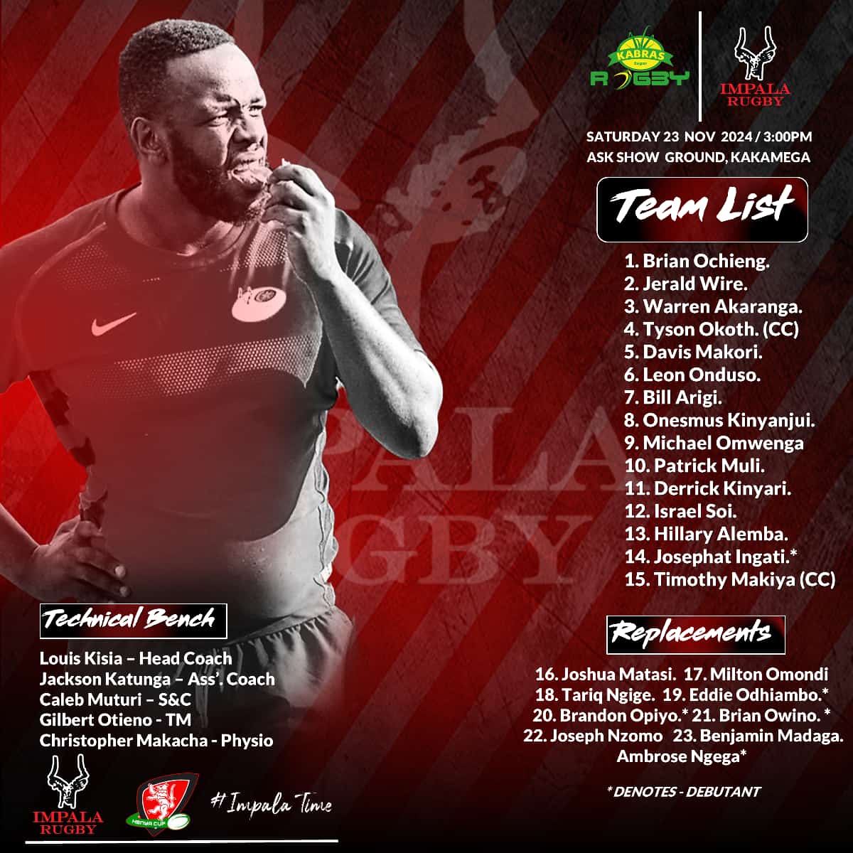 ImpalaRfc's tweet photo. .
🔲 MATCHDAY SQUAD🔲
We kick off our Kenya Cup campaign away to Kabras.
Lets go Impala! 
#impala #impalarfc #impalarugby #impalatime https://t.co/PQYR9d2FNY