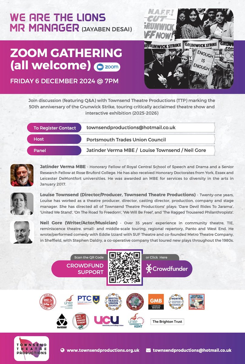 Townsend Productions (@townsendprod) on Twitter photo Excited to be part of an online discussion with <a href="/PortsTC/">Portsmouth Trades Council</a> about our plans for theatre production/ exhibition #WeAreTheLionsMrManager celebrating 50th anniversary of #Grunwick Strike & the remarkable Jayben Desai a date for your diary Friday 6th December 7pm - 8pm. RP Excited to be part of an online discussion with <a href="/PortsTC/">Portsmouth Trades Council</a> about our plans for theatre production/ exhibition #WeAreTheLionsMrManager celebrating 50th anniversary of #Grunwick Strike & the remarkable Jayben Desai a date for your diary Friday 6th December 7pm - 8pm. RP