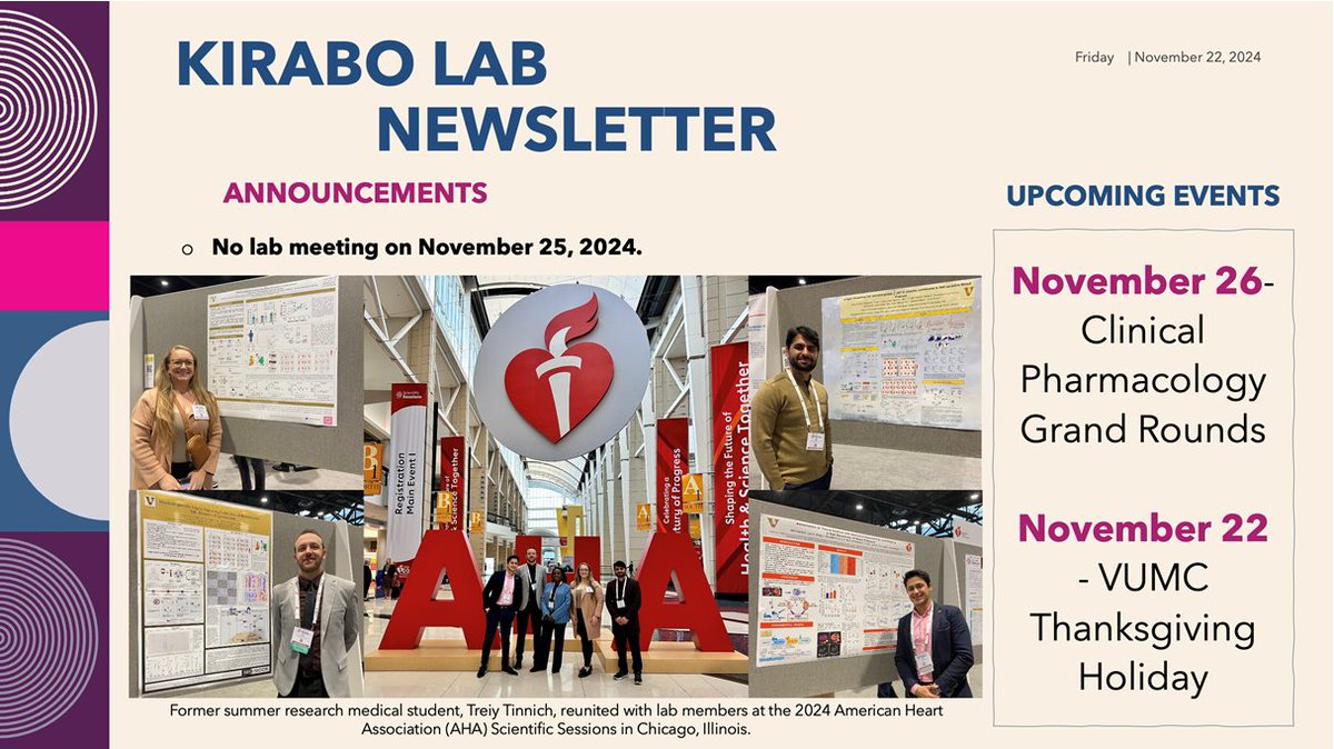 This week's #KiraboLab Newsletter highlights fantastic presentations and incredible time at #AHA24 <a href="/AHAScience/">AHA Science</a> by <a href="/drtasir2011/">Taseer Ahmad Pharm.D, MPhil, PhD</a> <a href="/ashleylpitzer/">Ashley Mutchler</a> <a href="/MDemirc1/">Mert Demirci, MD</a> &amp; @Tinish_tmed. Thanks <a href="/ShariaYasmin/">Sharia Yasmin</a> our lab manager for putting this together!