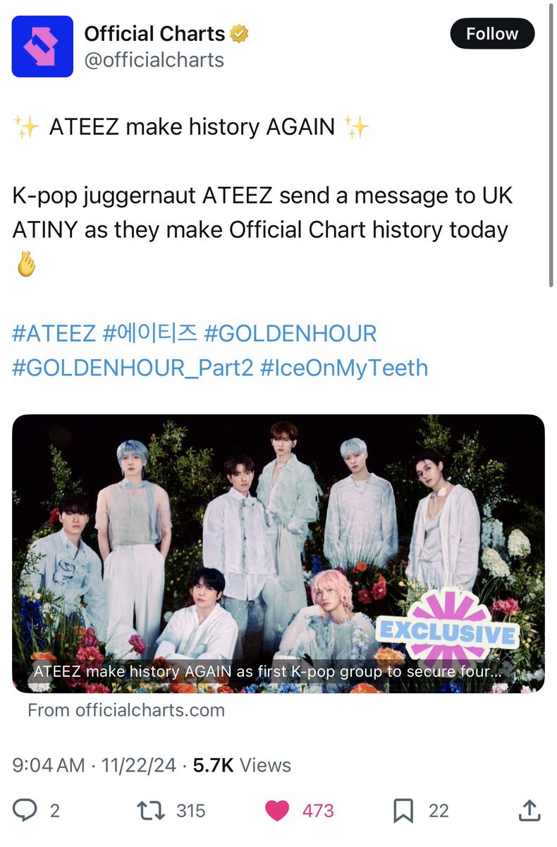 lorcass1's tweet photo. for a small company South Korean boy group to chart in the top 5 in major European markets with albums sung mostly in Korean, no euro/western collab to boost them & no entertainment label to help with promotions. 

Like I’m sorry ATEEZ are the light of kpop. You will never convince me they are not doing more with less than their peers.