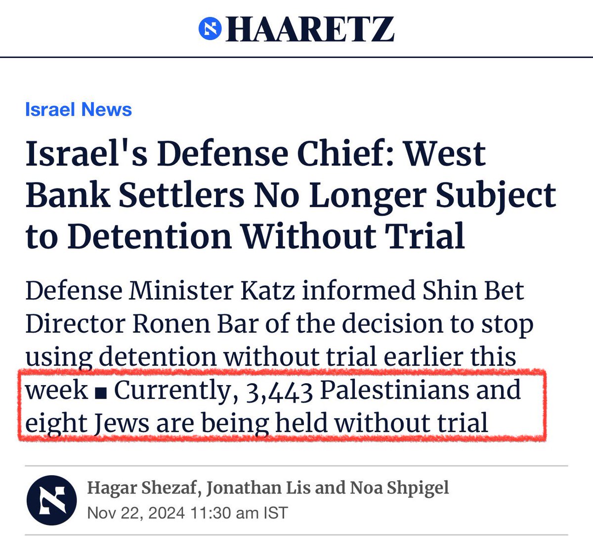 AssalRad's tweet image. Palestinians held: 3,443
Jewish settlers held: 8

Now, ONLY Palestinians will be subject to detention without trial, in their own land, as illegal settlers terrorize them and steal their land. What’s it called when one group is subject to rules to ensure the dominance of another?